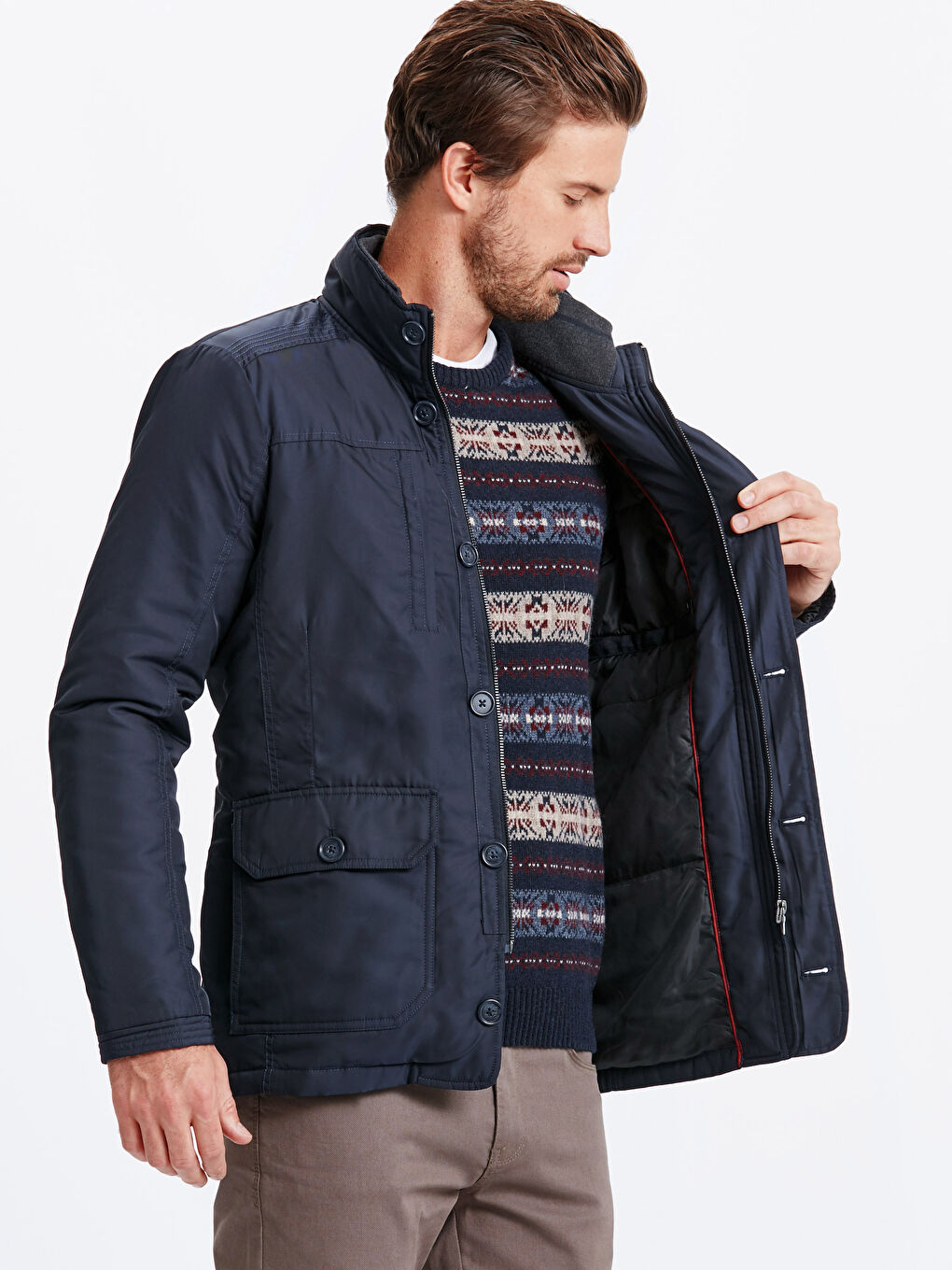 Lacivert Standart Kalıp Dik Yaka Gabardin Erkek Kaban-1