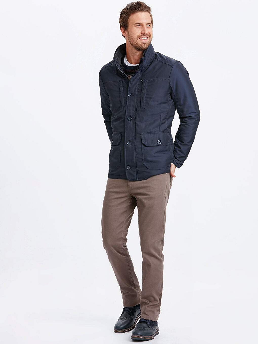 Lacivert Standart Kalıp Dik Yaka Gabardin Erkek Kaban-3