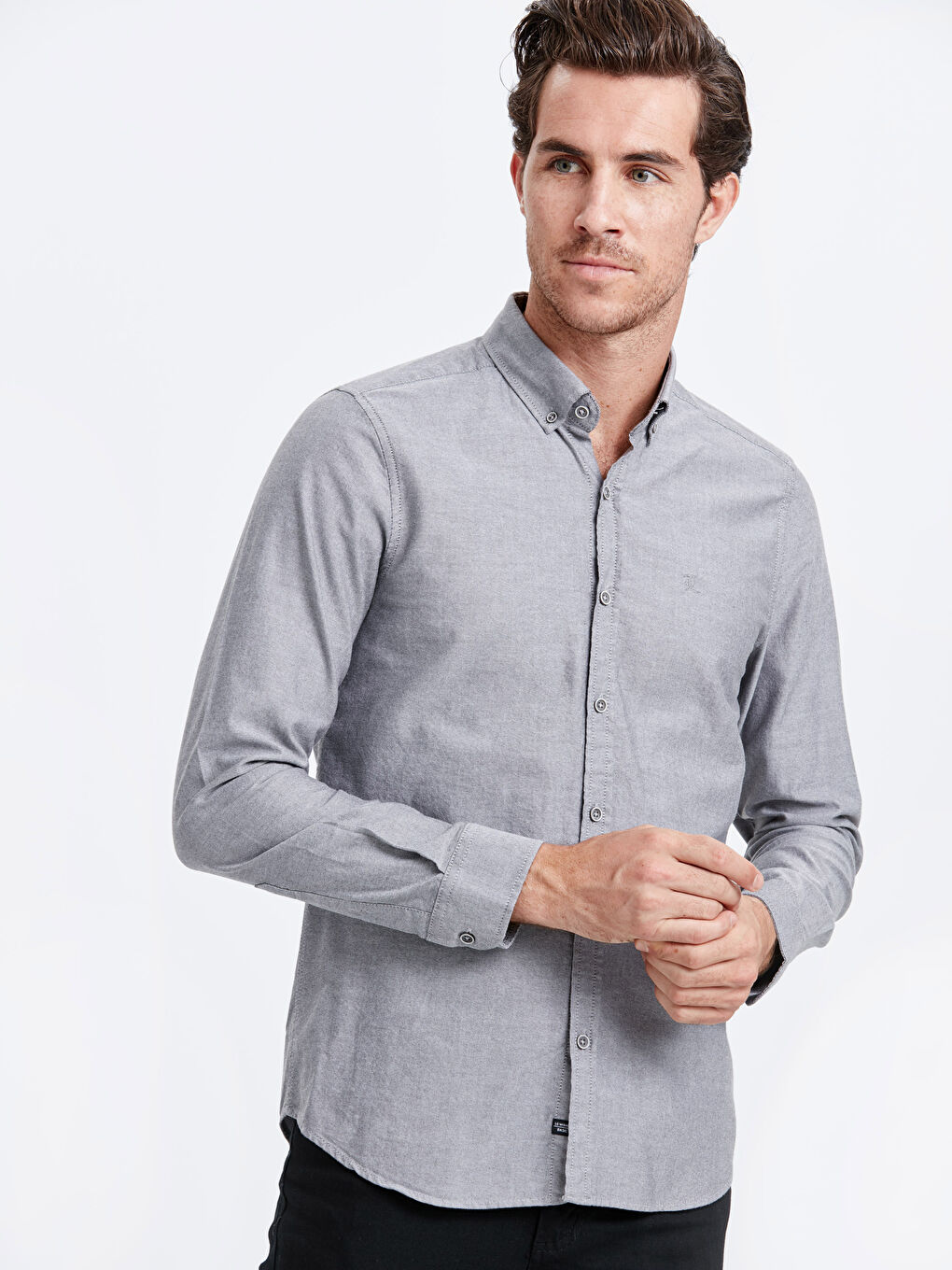 Gri Slim Fit Uzun Kollu Oxford Erkek Gömlek