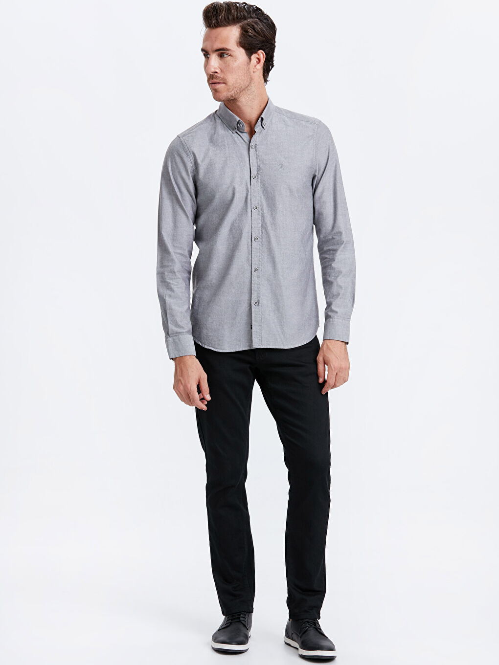 Gri Slim Fit Uzun Kollu Oxford Erkek Gömlek-2