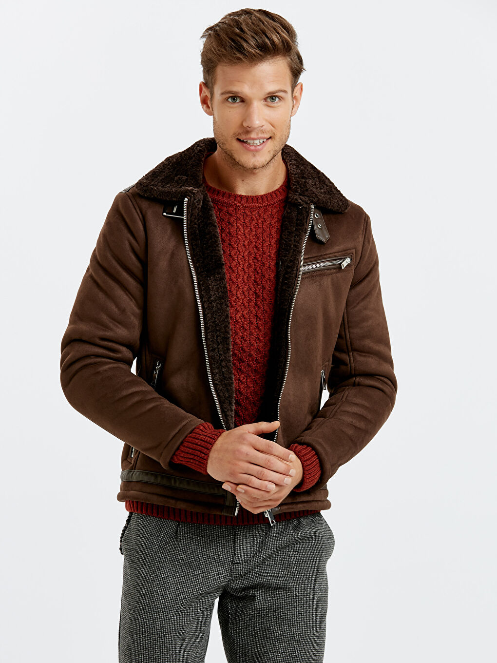 Kahverengi Koyu Kahverengı Deri Görünümlü Mont