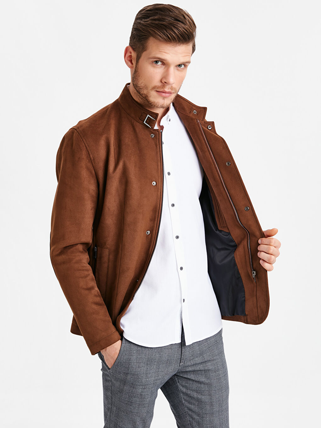 Bej Deve Tüyü Deri Görünümlü Mont-1