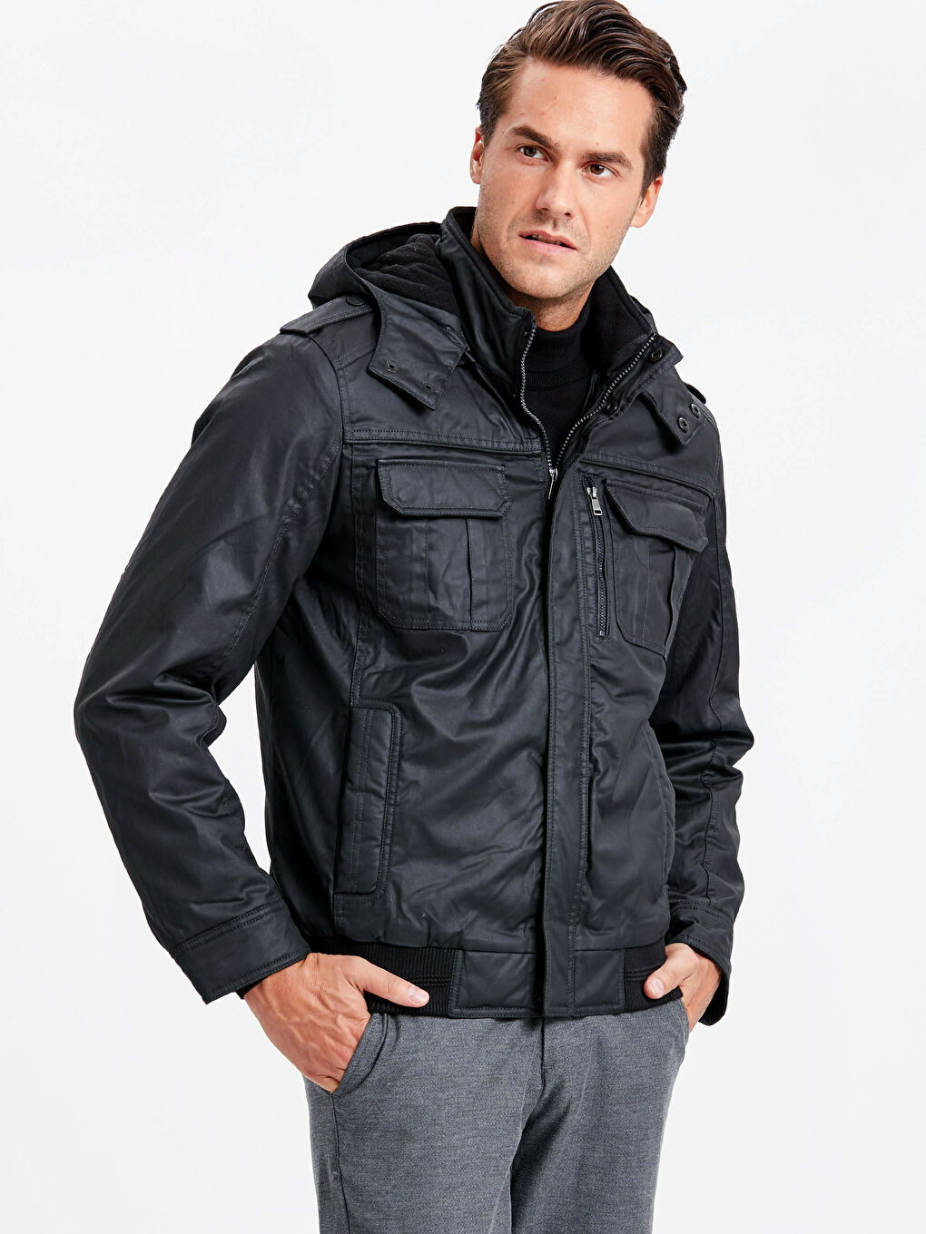 Antrasit Standart Kalıp Dik Yaka Kanvas Erkek Kaban