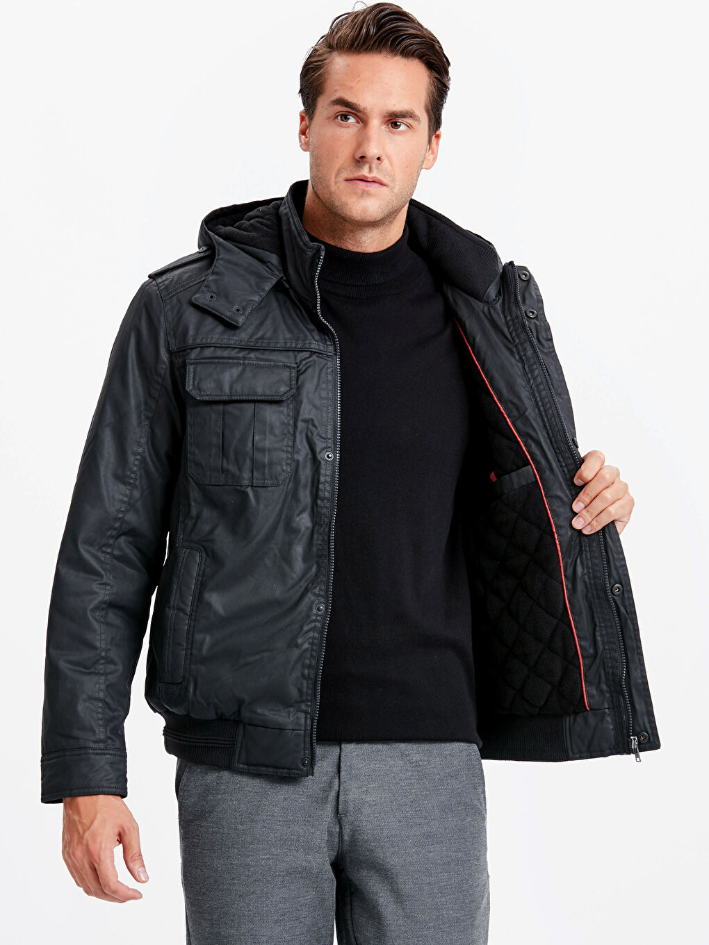 Antrasit Standart Kalıp Dik Yaka Kanvas Erkek Kaban-1