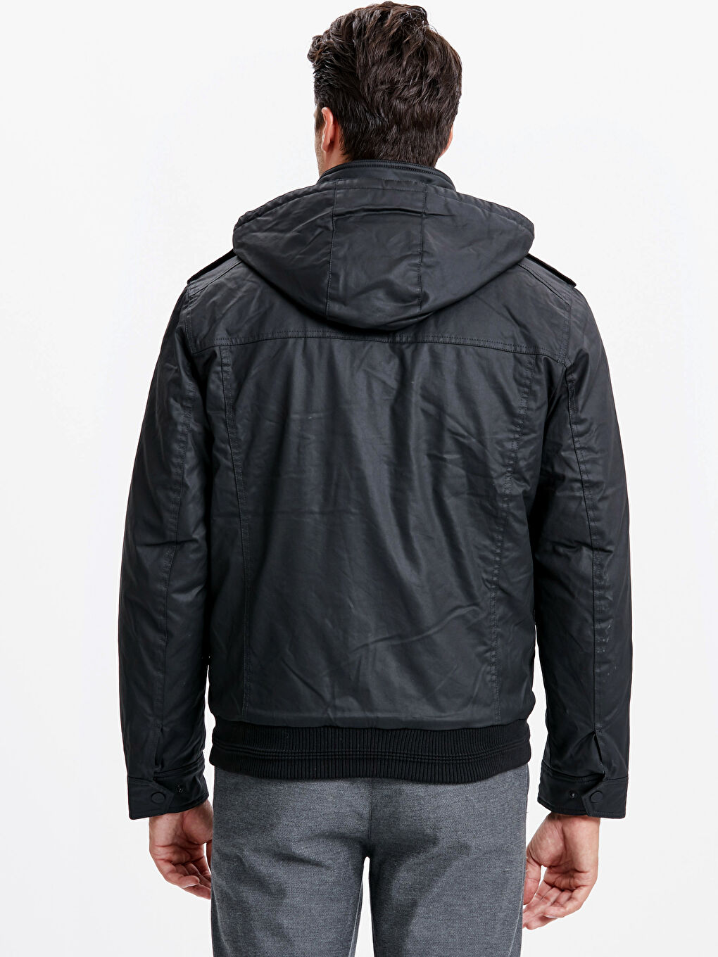 Antrasit Standart Kalıp Dik Yaka Kanvas Erkek Kaban-2