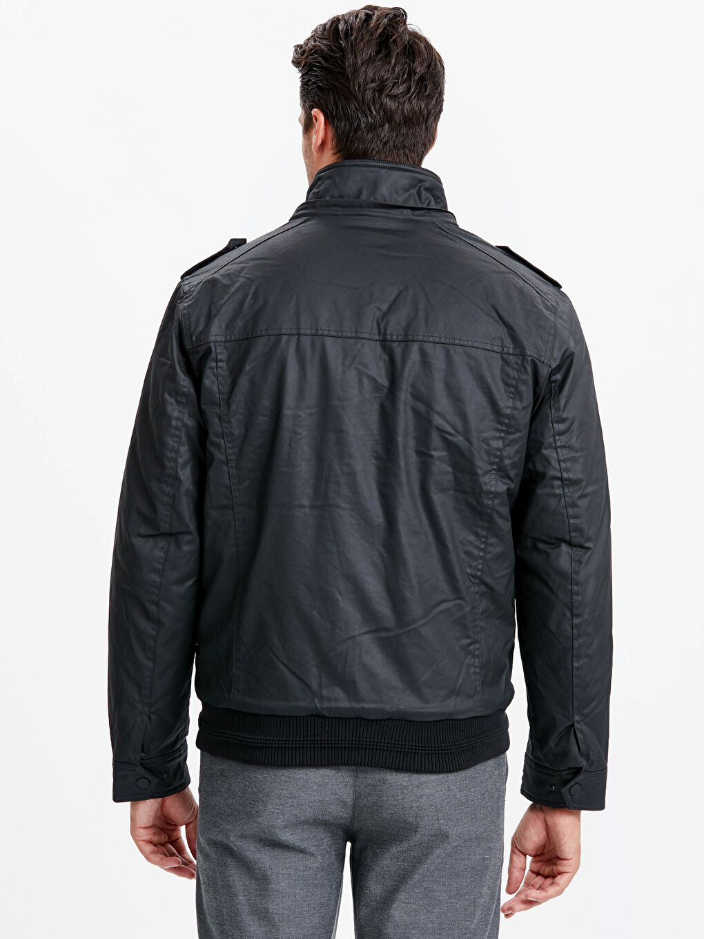 Antrasit Standart Kalıp Dik Yaka Kanvas Erkek Kaban-3