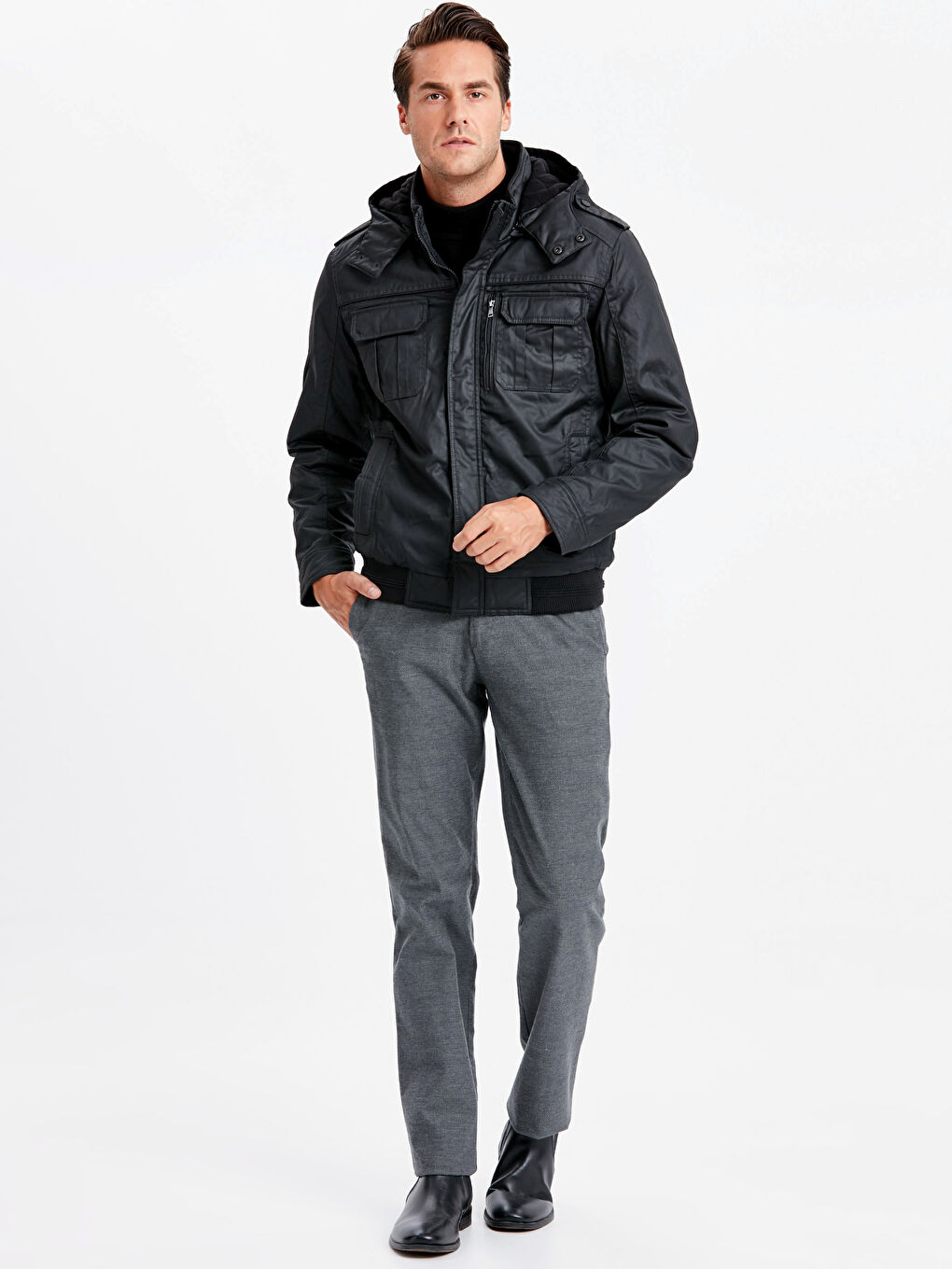 Antrasit Standart Kalıp Dik Yaka Kanvas Erkek Kaban-4