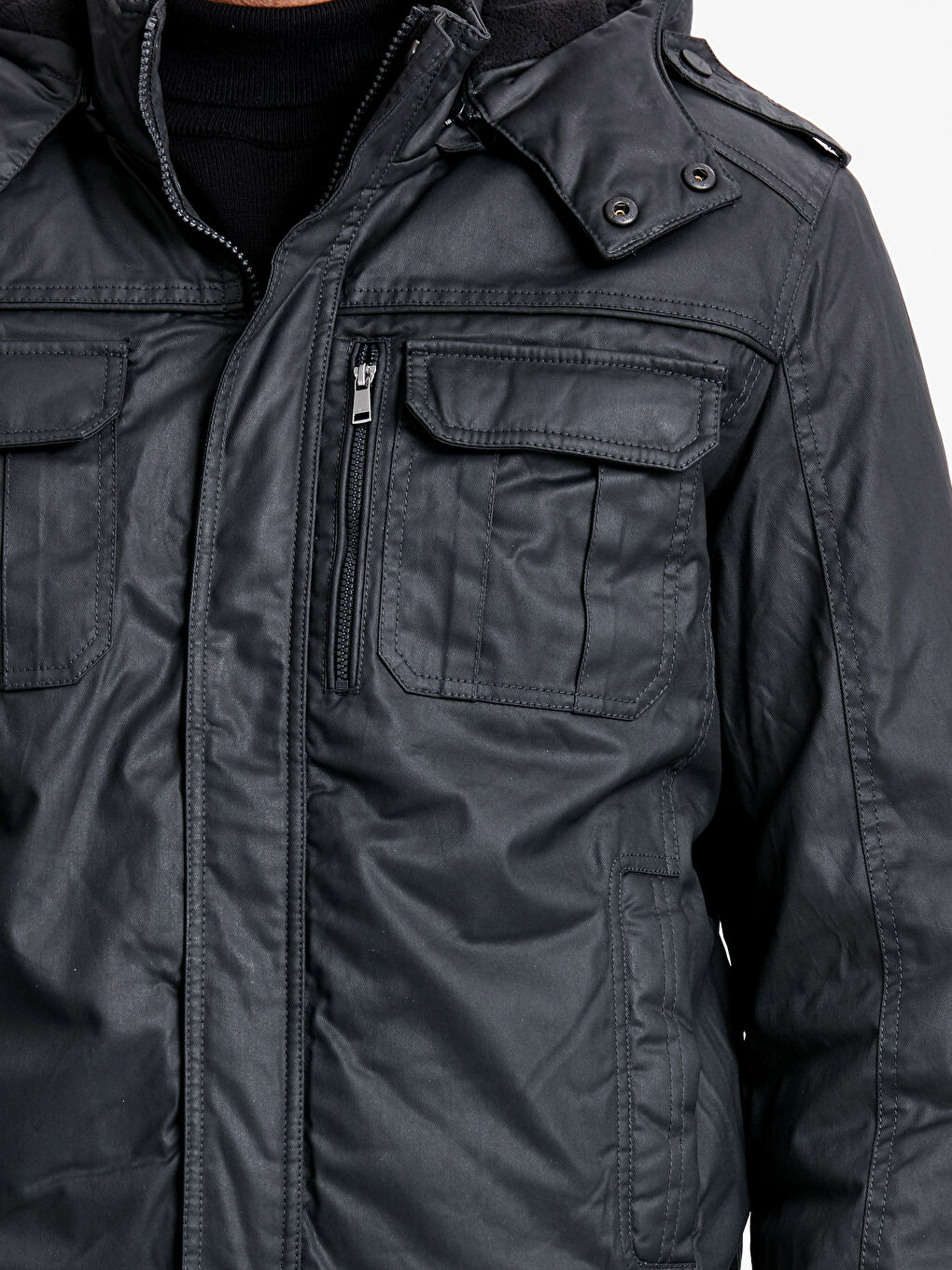 Antrasit Standart Kalıp Dik Yaka Kanvas Erkek Kaban-5