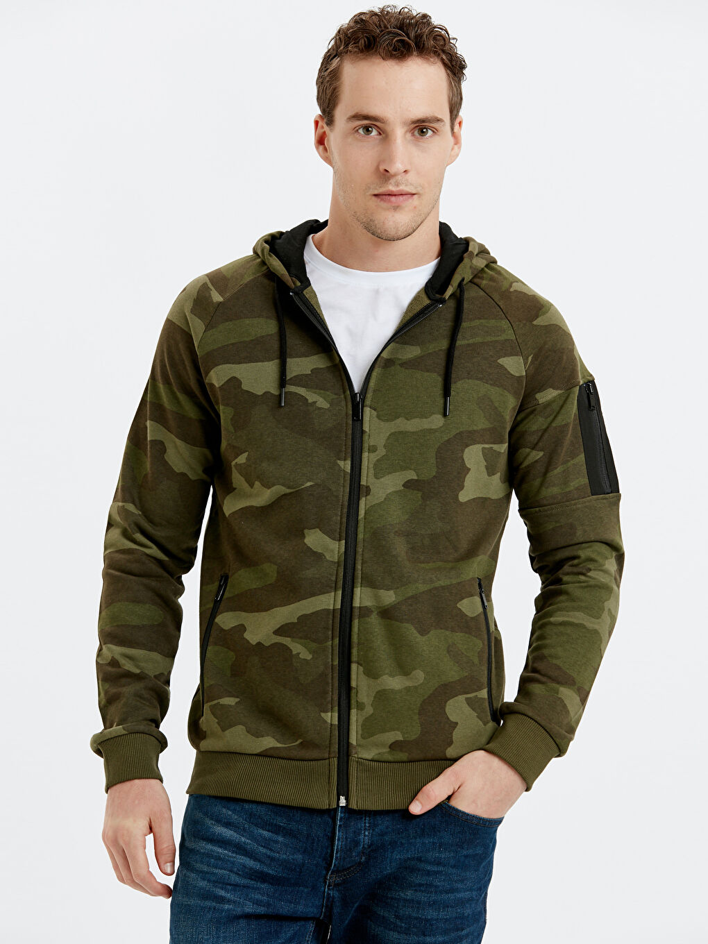 Haki Baskılı Fermuarlı Sweatshirt