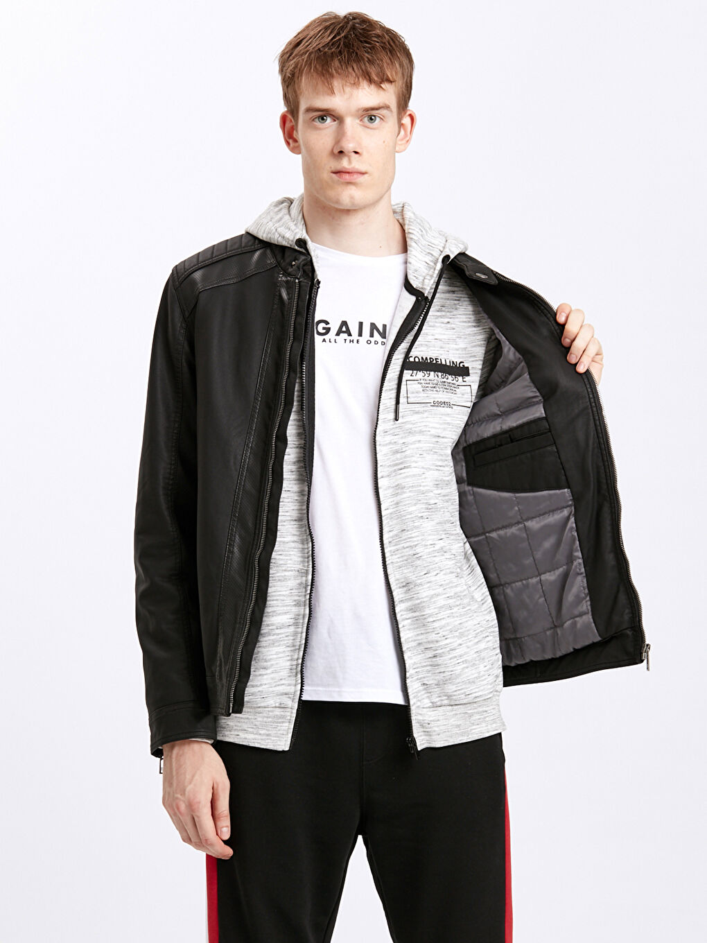 Siyah Sıyah Deri Görünümlü Mont-1