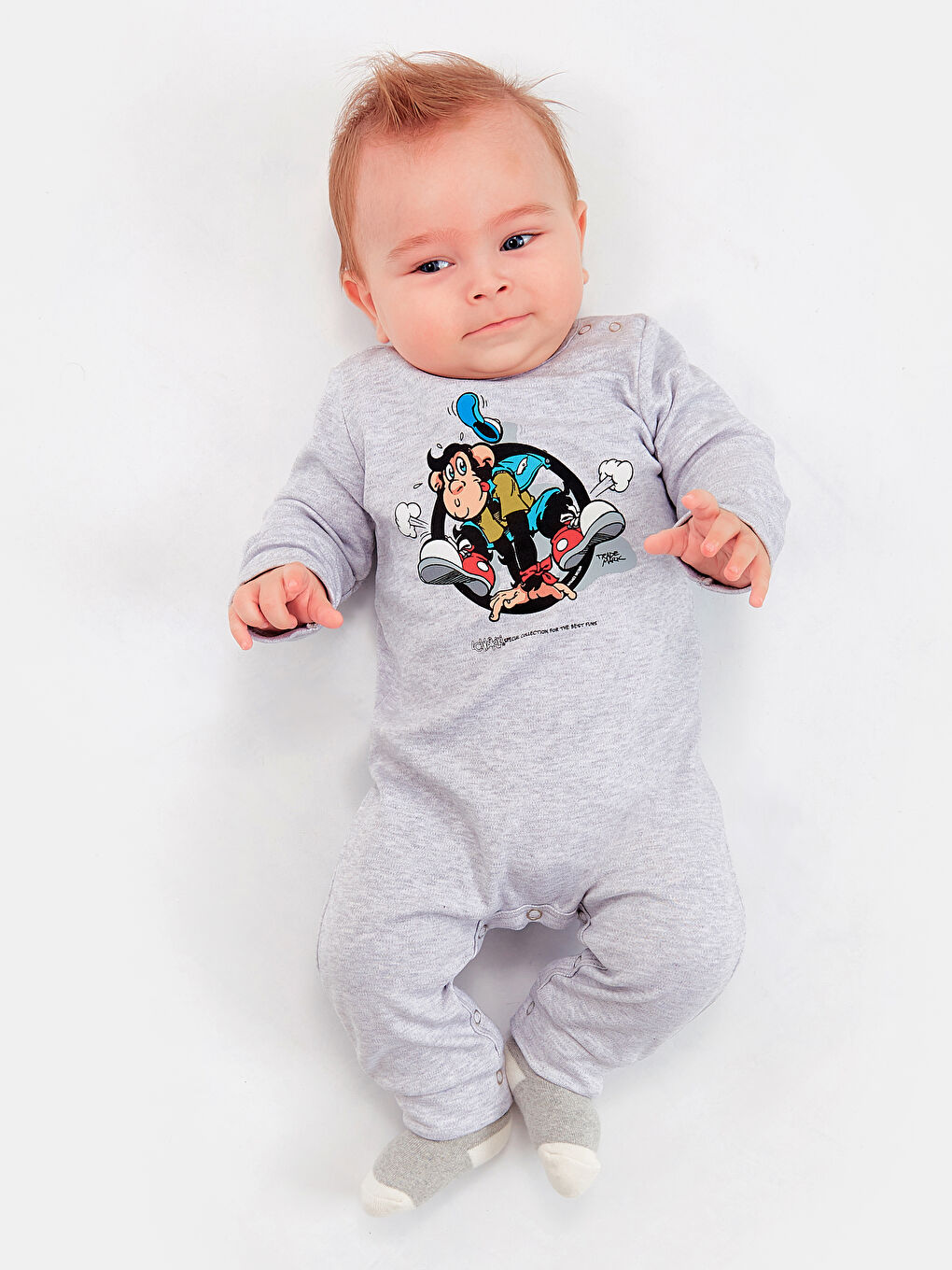 Gri Erkek Bebek Nostaljik Maymun Baskılı Tulum Baba Oğul Kombini