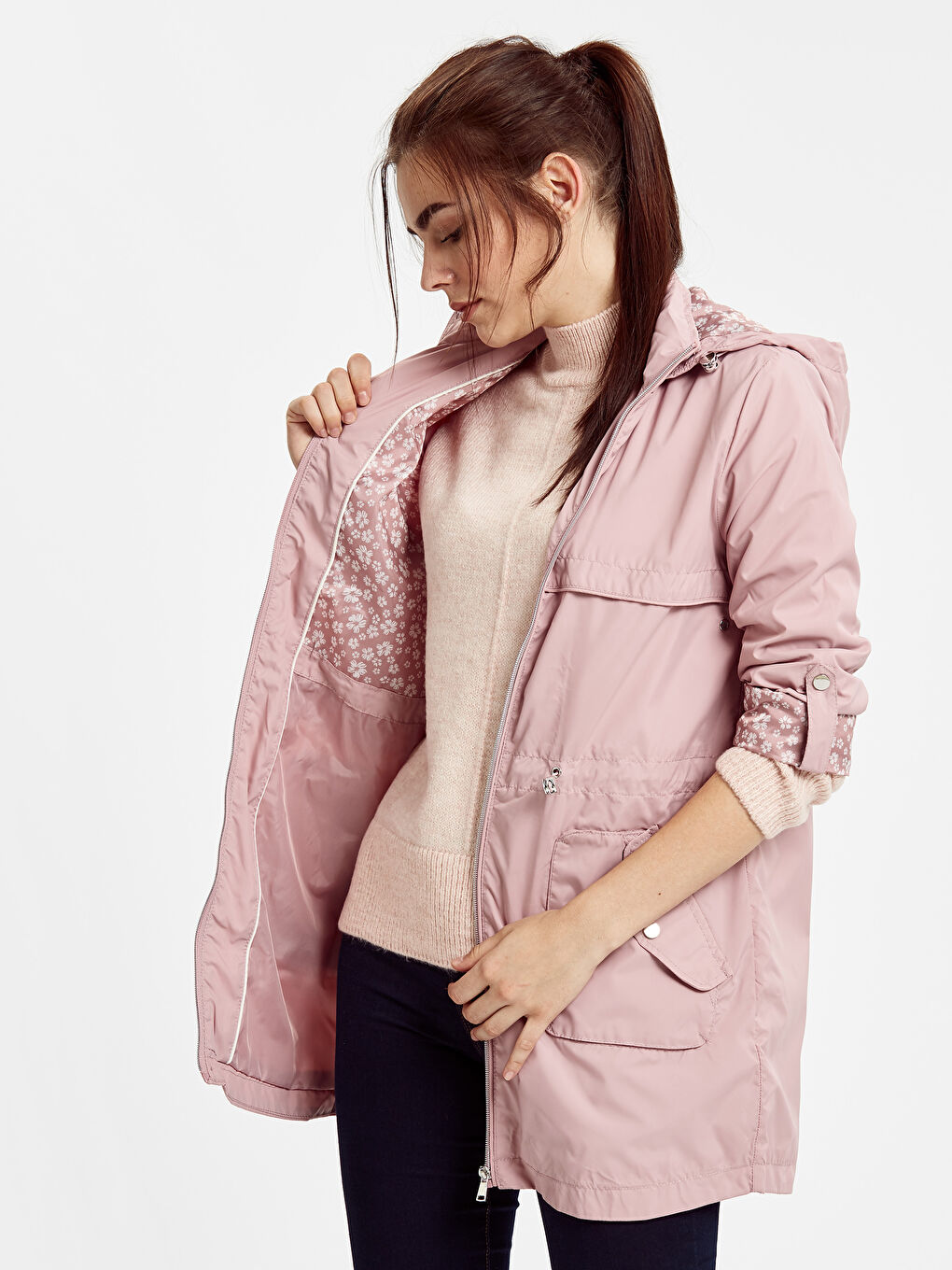 Regular Fit Belted Waist Women's Raincoat-1