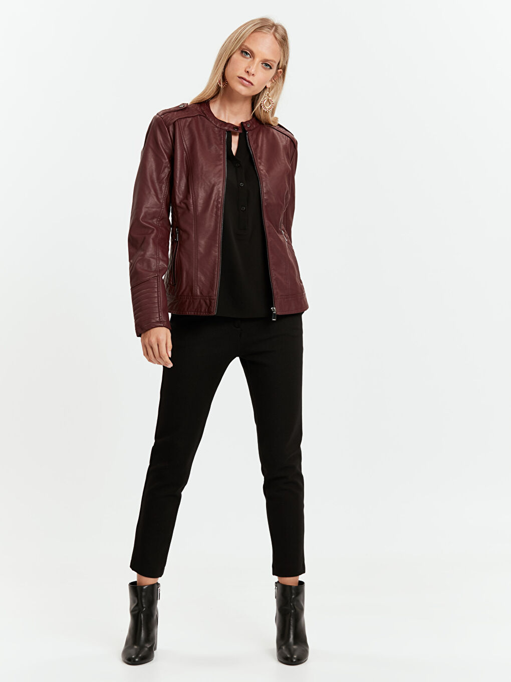 Bordo Deri Görünümlü Mont-2