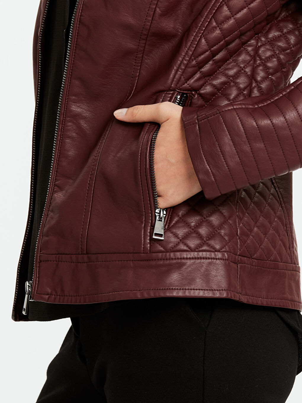 Bordo Deri Görünümlü Mont-3