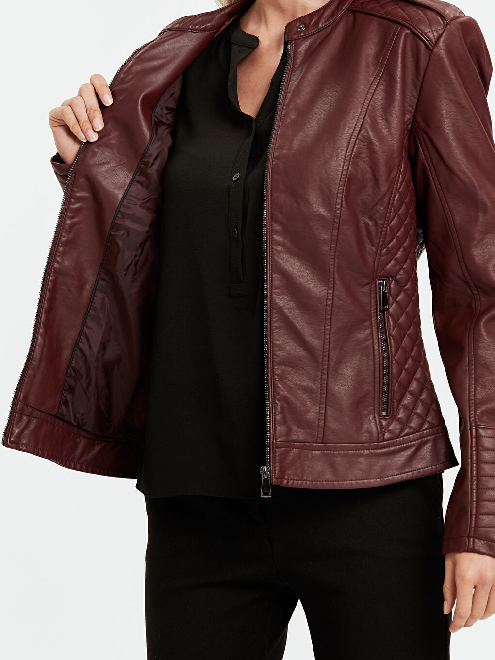 Bordo Deri Görünümlü Mont-4