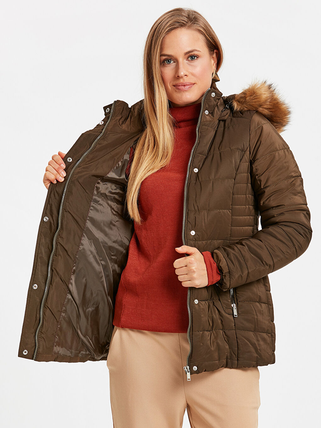 Haki Kadın Kapüşonlu Şişme Mont-1