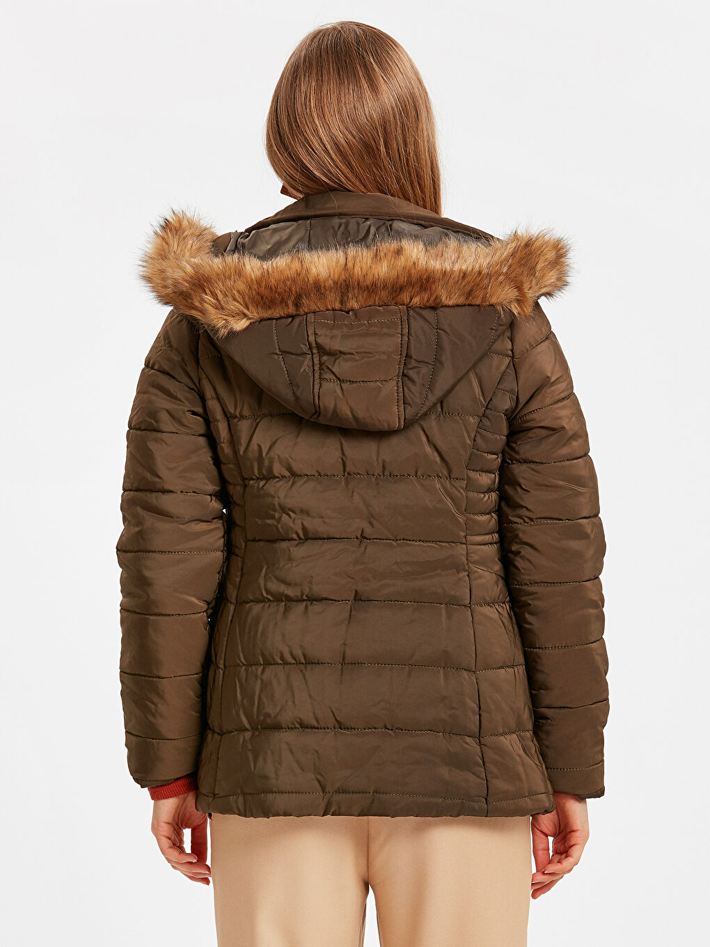 Haki Kadın Kapüşonlu Şişme Mont-2