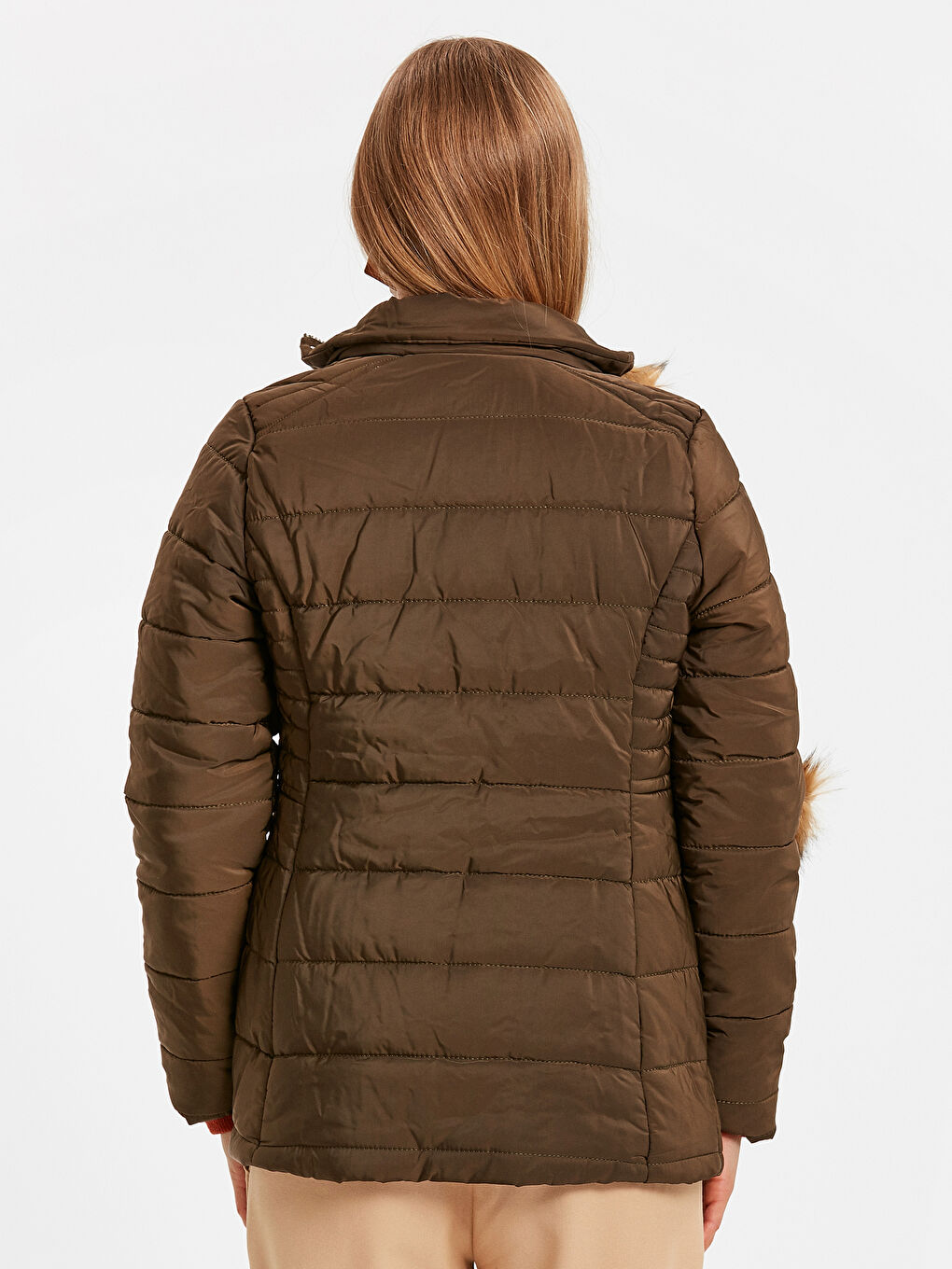 Haki Kadın Kapüşonlu Şişme Mont-3