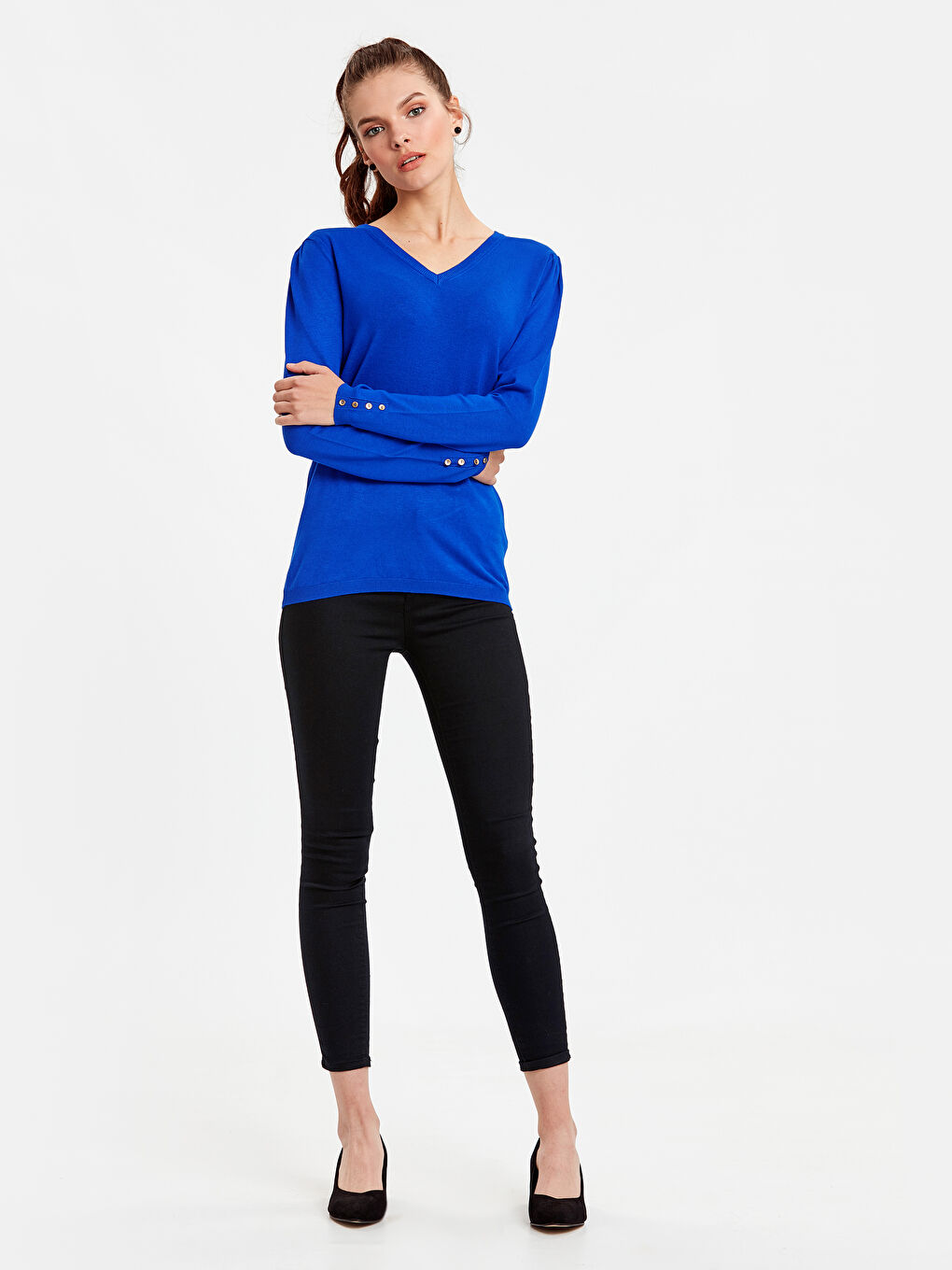 Pull-over en Tricot Fin pour Femmes à Encolure en V-2