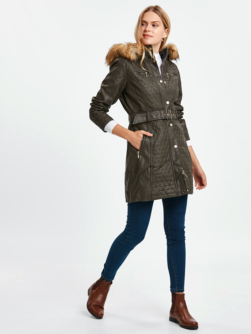 Haki Deri Görünümlü Mont-2