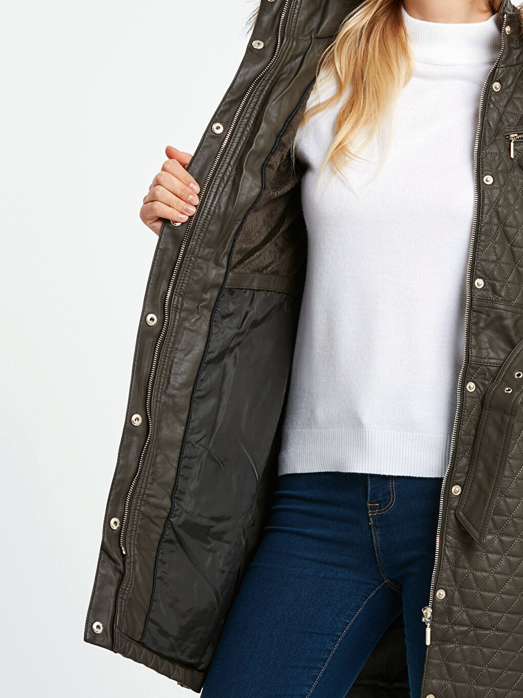 Haki Deri Görünümlü Mont-3