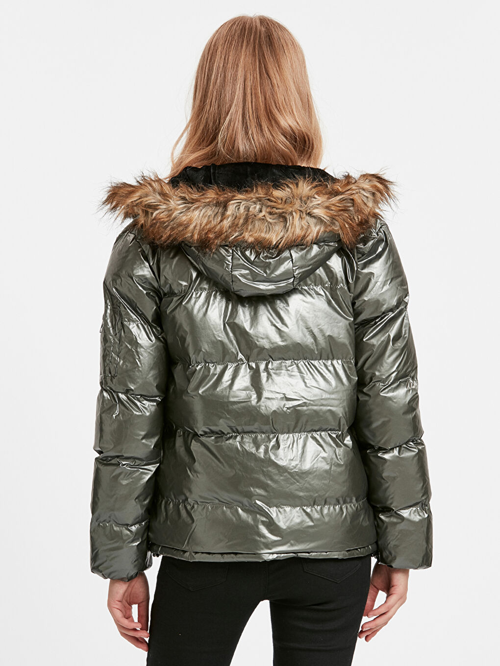 Haki Kapüşon Yaka Düz Cep Detaylı Kadın Şişme Mont-2