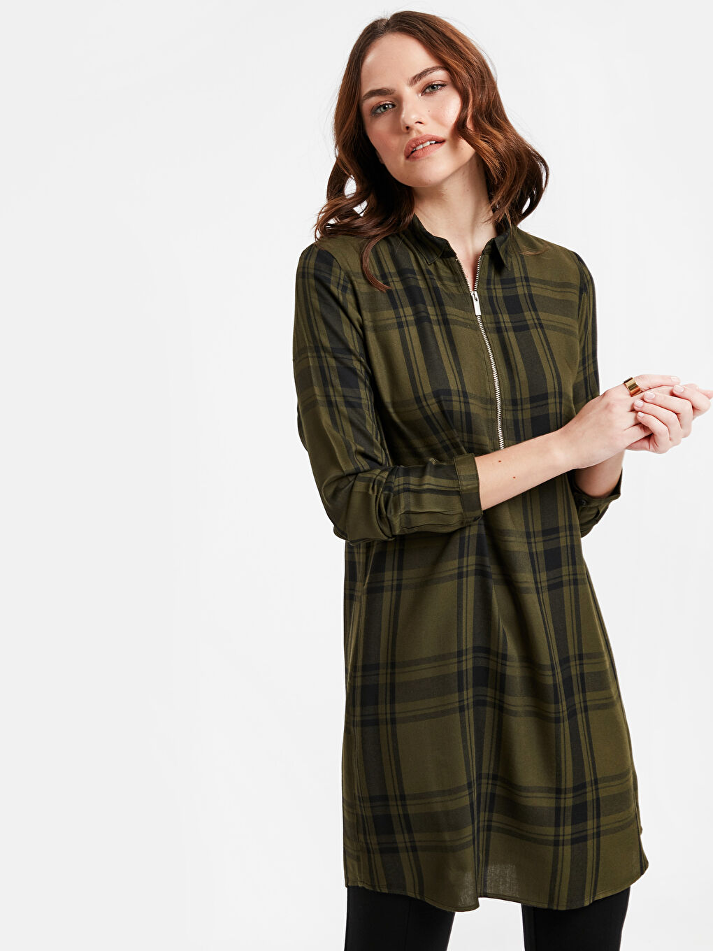 Yeşil Uzun Kollu Gabardin Kadın Ekose Viskon Tunik