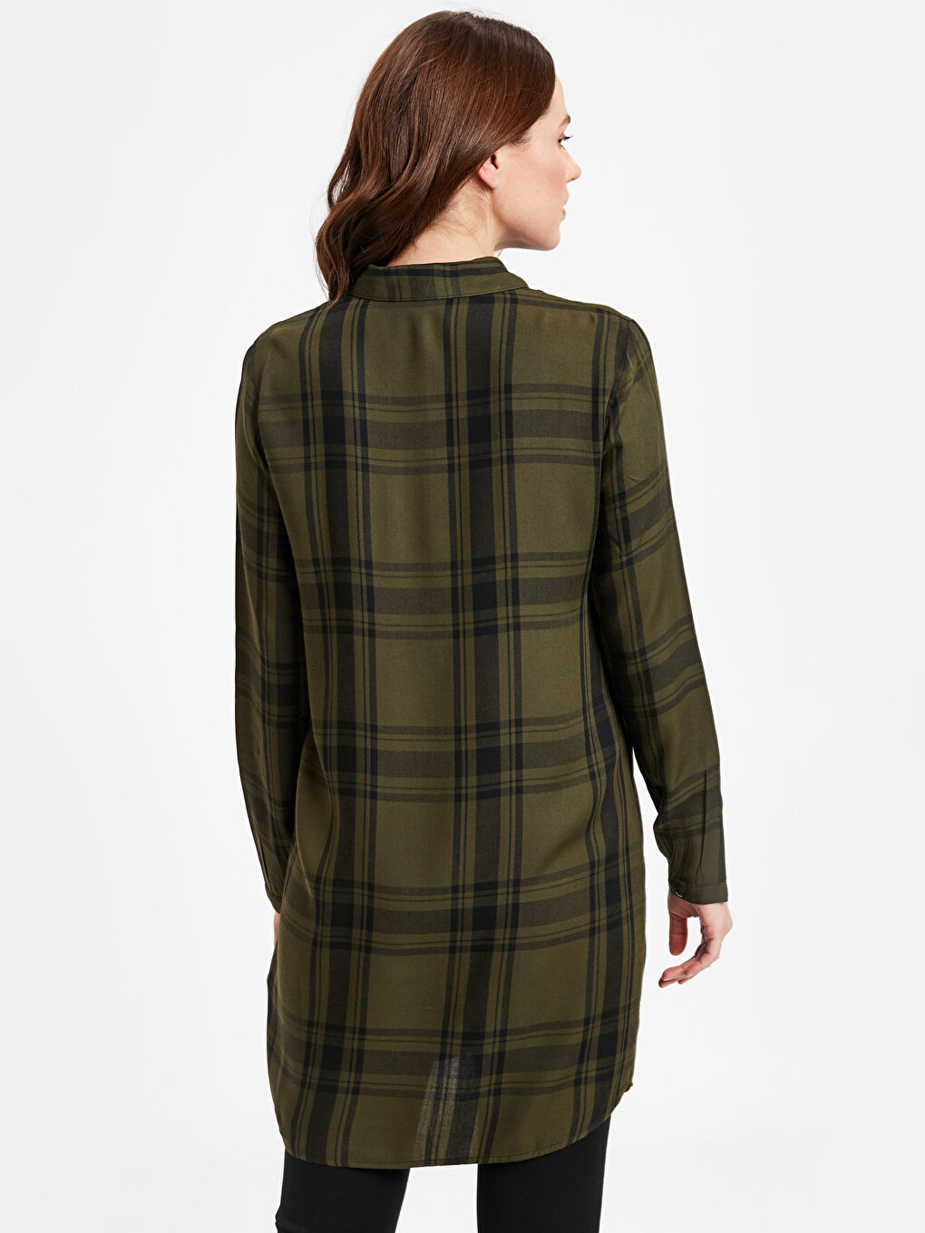 Yeşil Uzun Kollu Gabardin Kadın Ekose Viskon Tunik-1