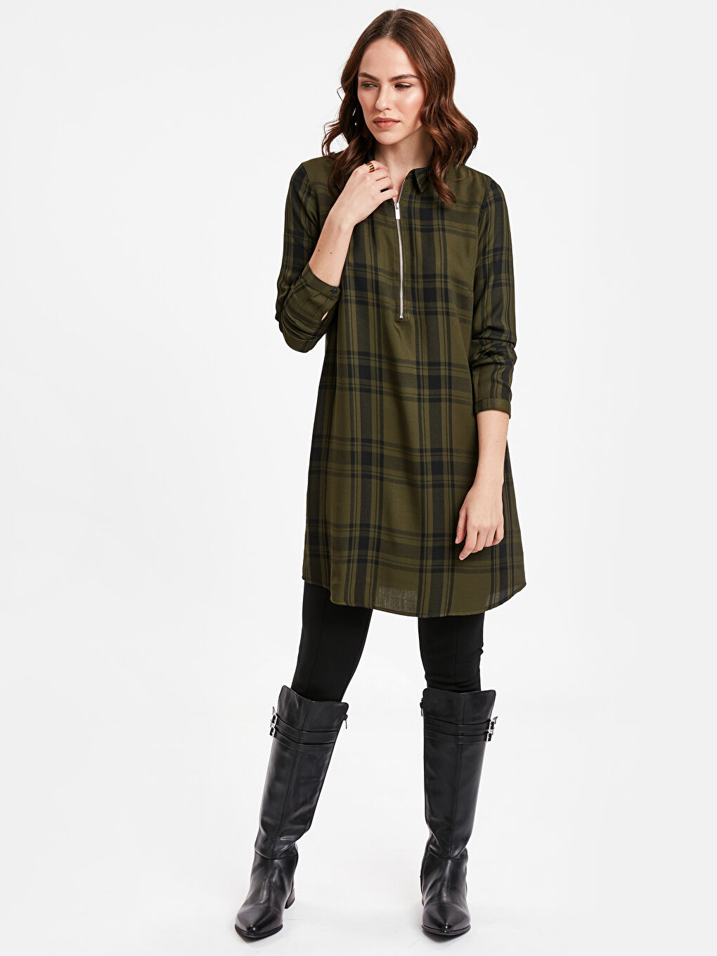 Yeşil Uzun Kollu Gabardin Kadın Ekose Viskon Tunik-2