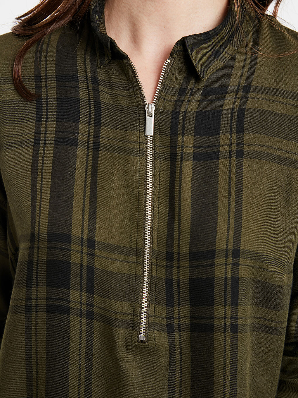 Yeşil Uzun Kollu Gabardin Kadın Ekose Viskon Tunik-3