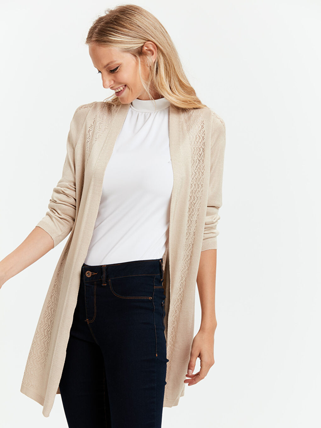 Bej Ajur Detaylı Kadın Triko Hırka