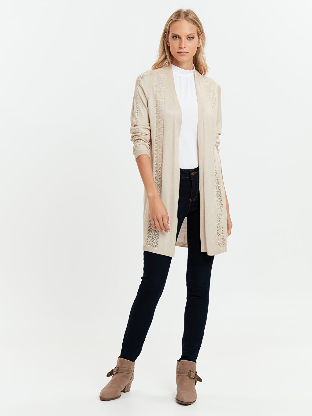 Bej Ajur Detaylı Kadın Triko Hırka-2