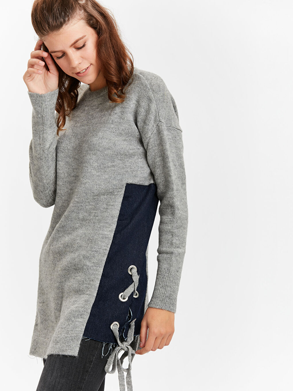 Pembe Bisiklet Yaka Kuş Gözü Detaylı Kadın Triko Tunik