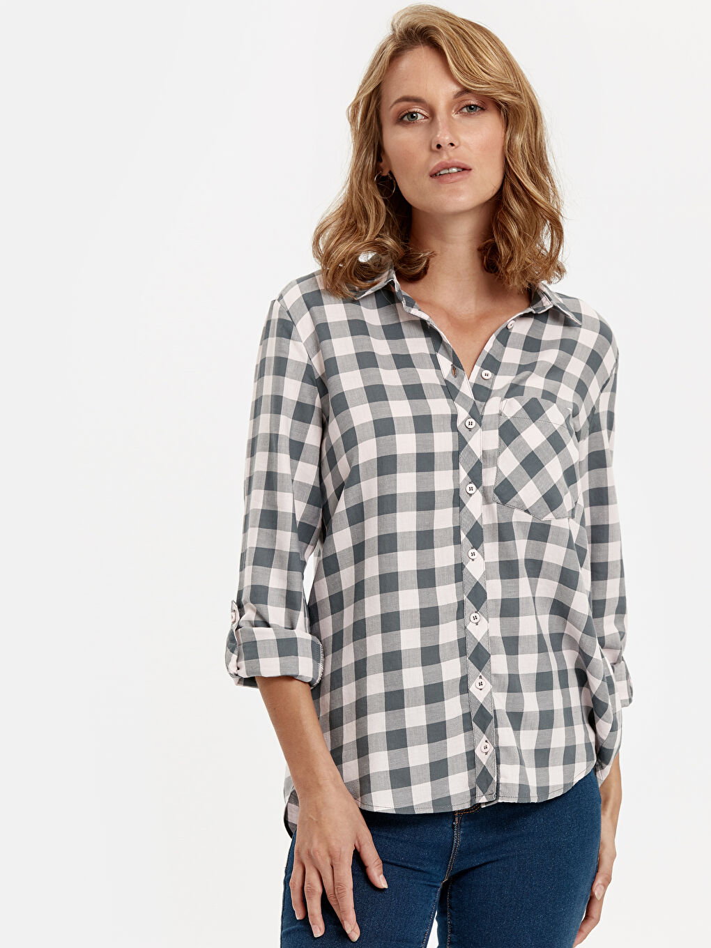 Pembe Uzun Kollu Kadın Ekose Pamuklu Gömlek