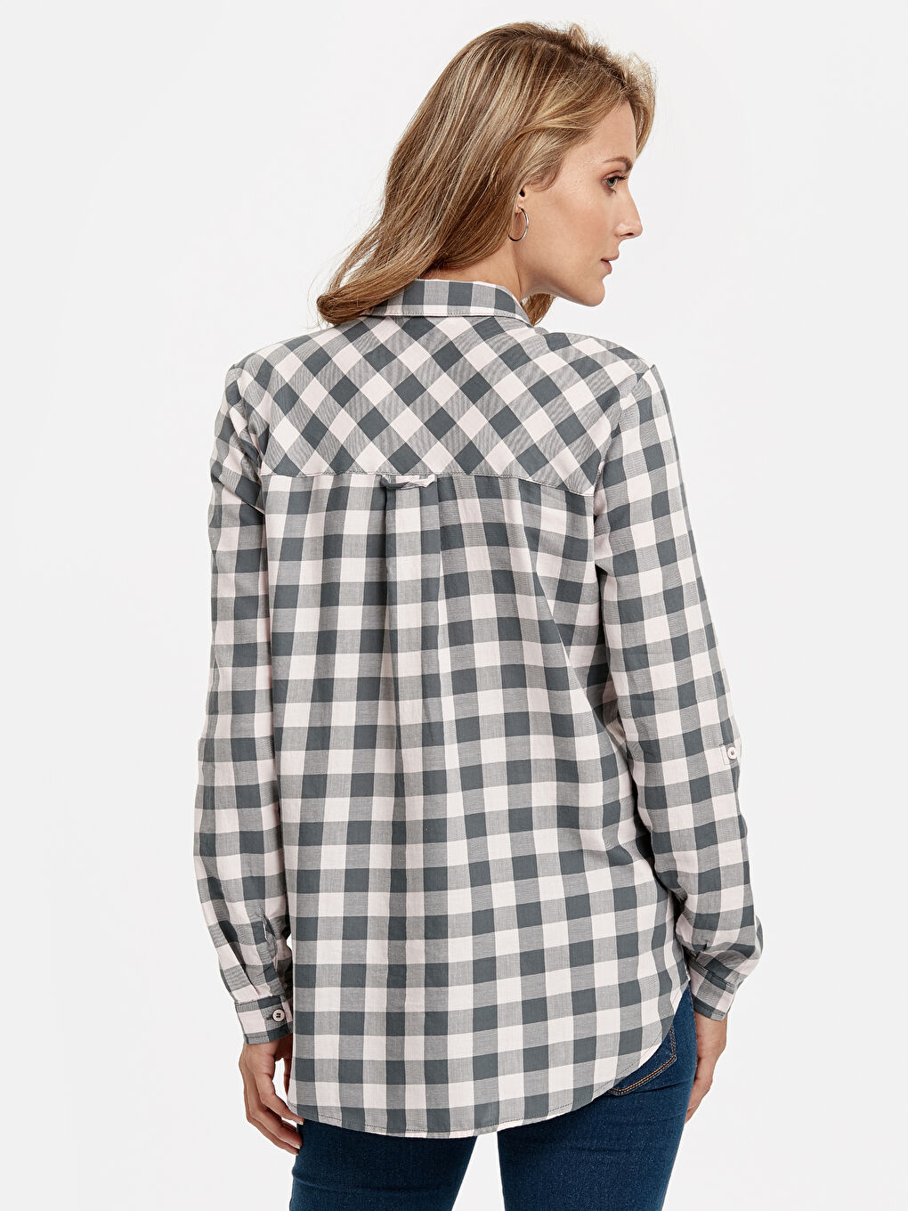 Pembe Uzun Kollu Kadın Ekose Pamuklu Gömlek-1