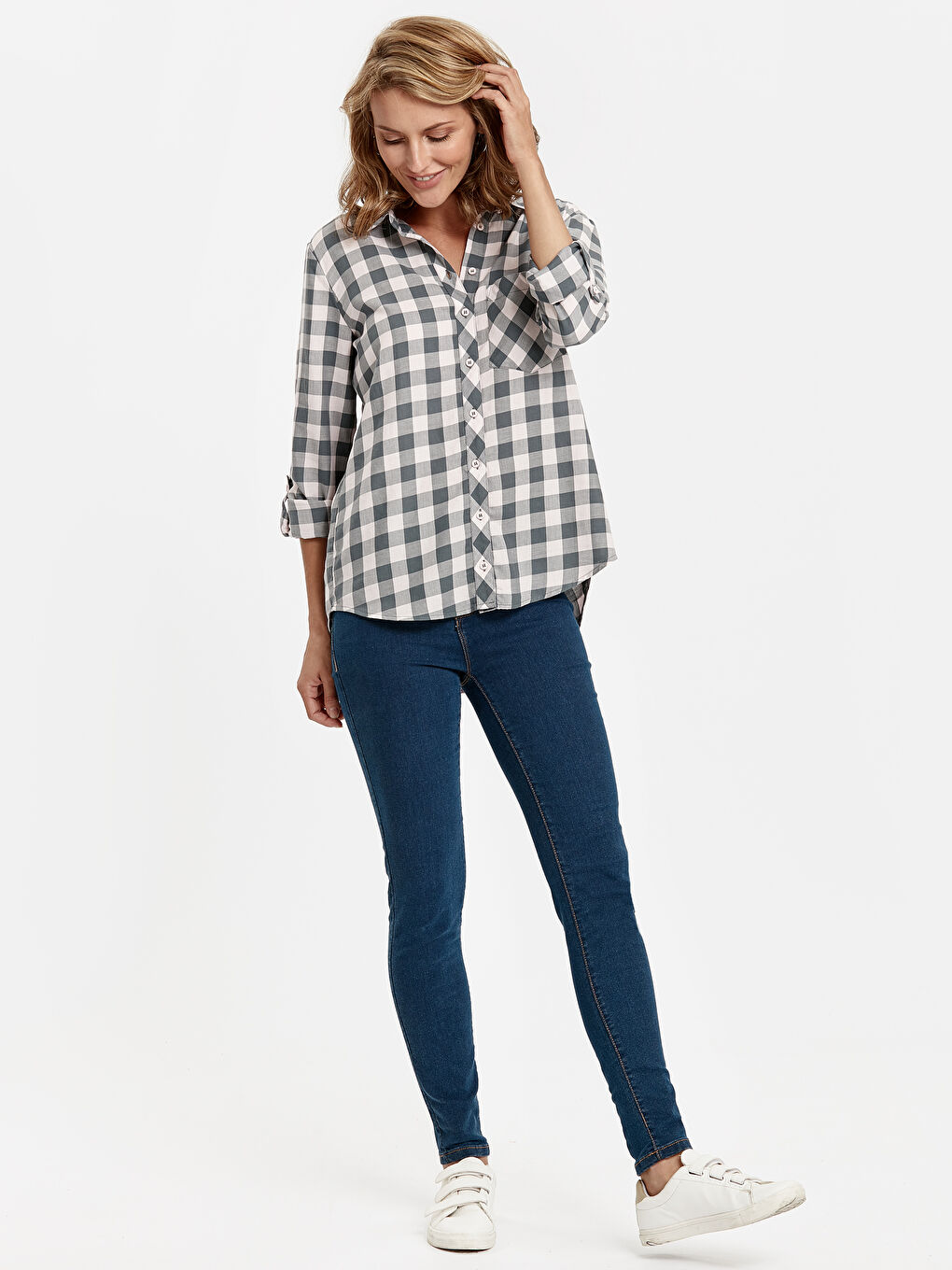 Pembe Uzun Kollu Kadın Ekose Pamuklu Gömlek-2