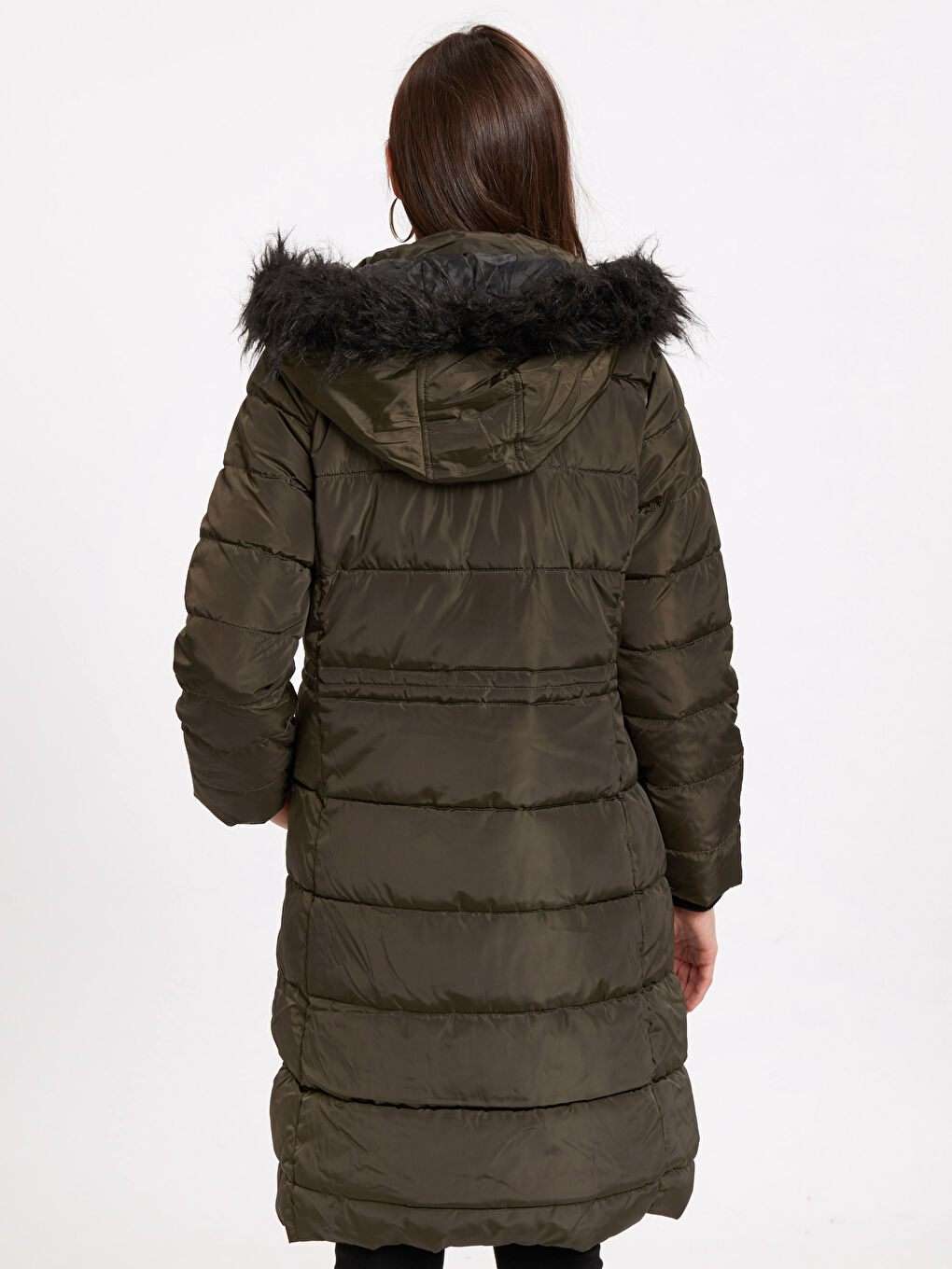 Haki Kapüşon Yaka Düz Cep Detaylı Kadın Şişme Mont-2