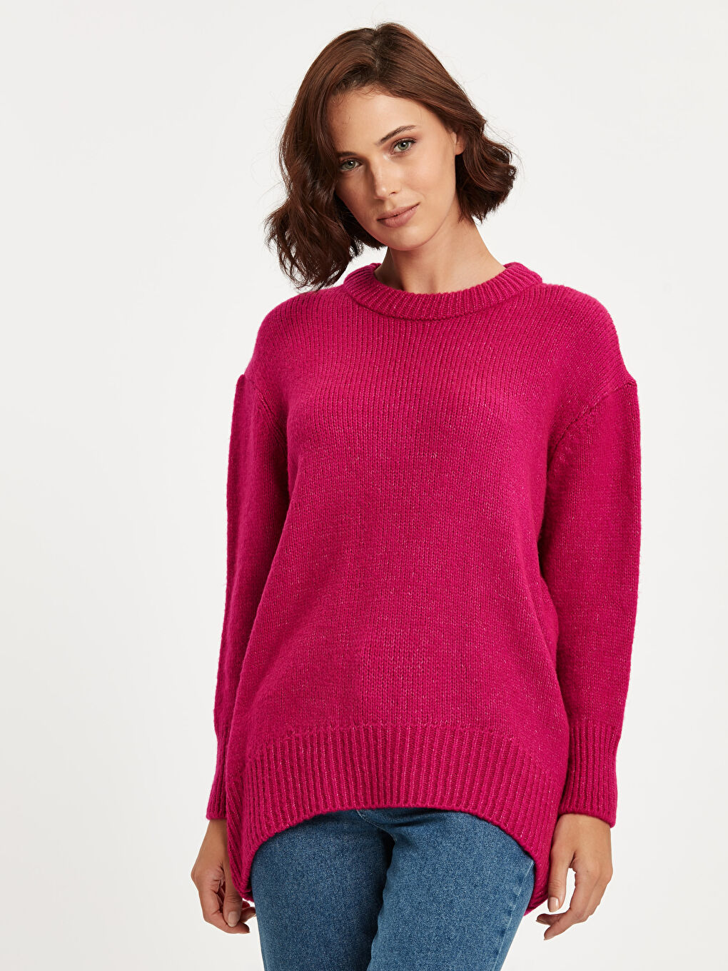 Fuşya Bisiklet Yaka Düz Uzun Kollu Kadın Triko Tunik