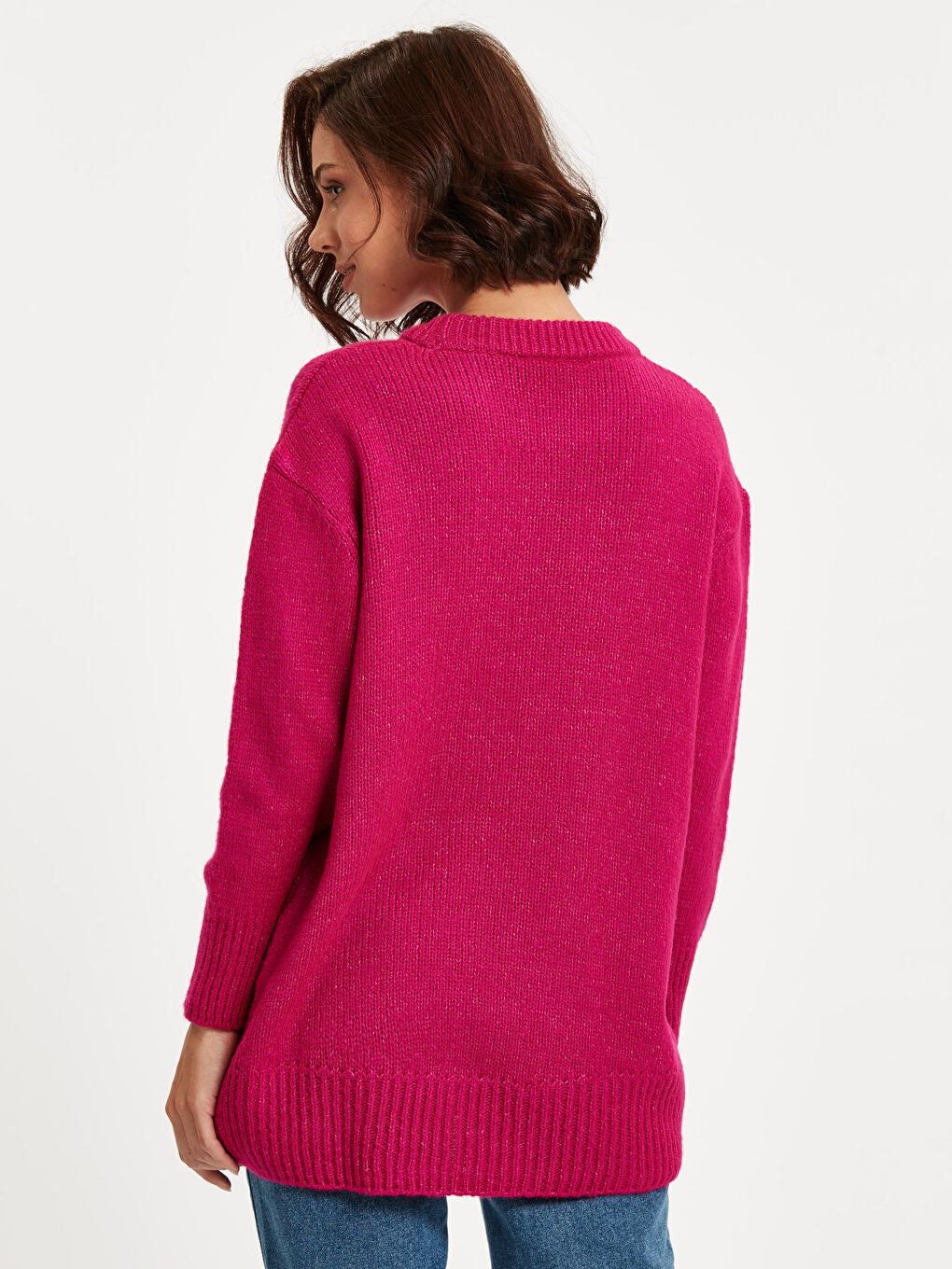 Fuşya Bisiklet Yaka Düz Uzun Kollu Kadın Triko Tunik-1