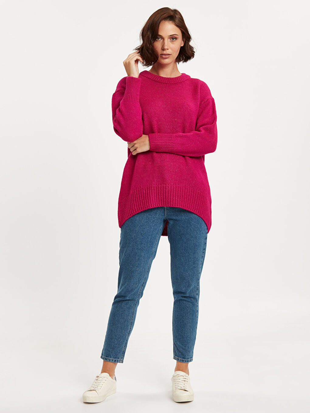 Fuşya Bisiklet Yaka Düz Uzun Kollu Kadın Triko Tunik-2