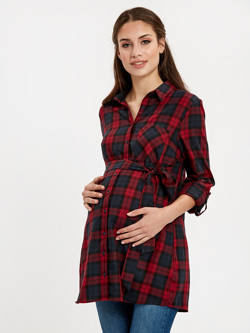 Kırmızı Uzun Kollu Kadın Gömlek Tunik
