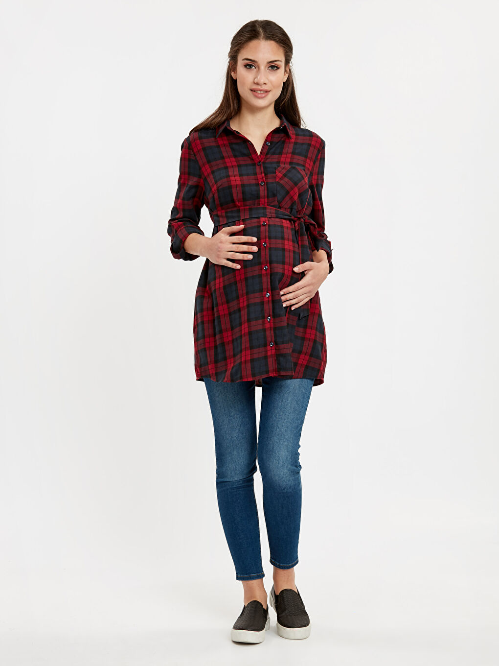 Kırmızı Uzun Kollu Kadın Gömlek Tunik-2