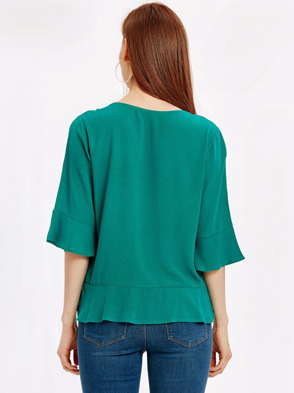 Turkuaz V Yaka Standart Fit Kısa Kollu Kadın Bluz-1