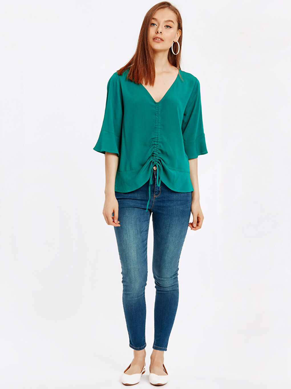 Turkuaz V Yaka Standart Fit Kısa Kollu Kadın Bluz-2