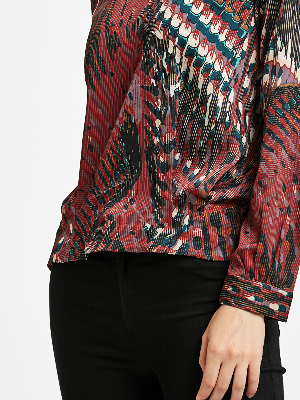 Kahverengi Kadın Desenli Saten Bluz-3