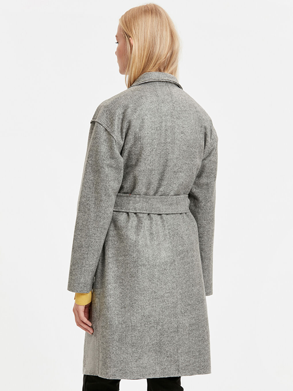 Gri Ceket Yaka Düz Uzun Kollu Kadın Kaban-1