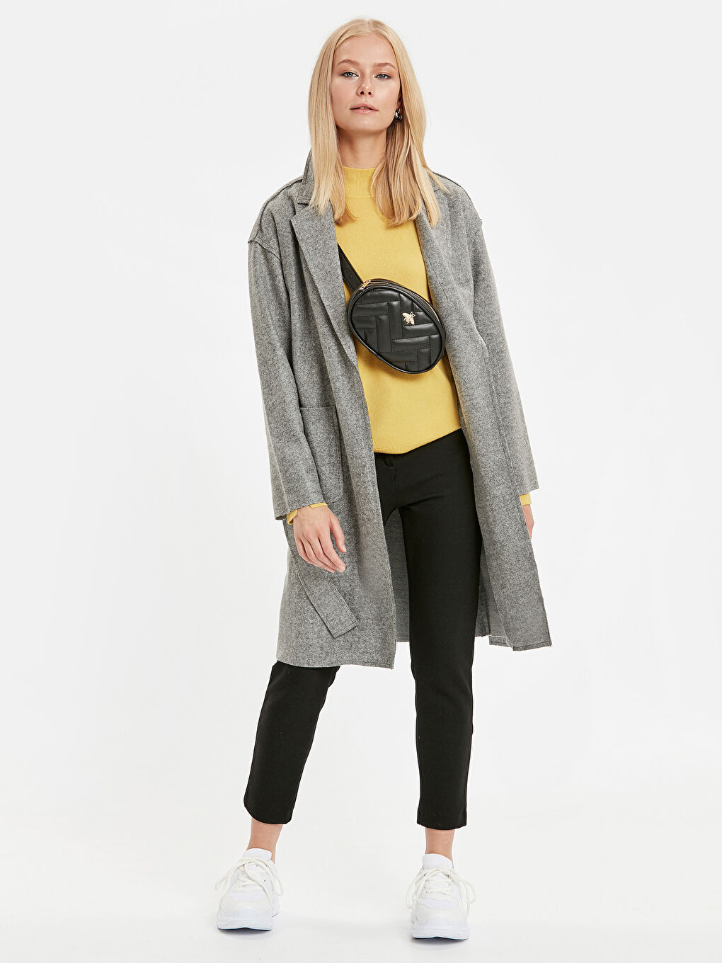 Gri Ceket Yaka Düz Uzun Kollu Kadın Kaban-2