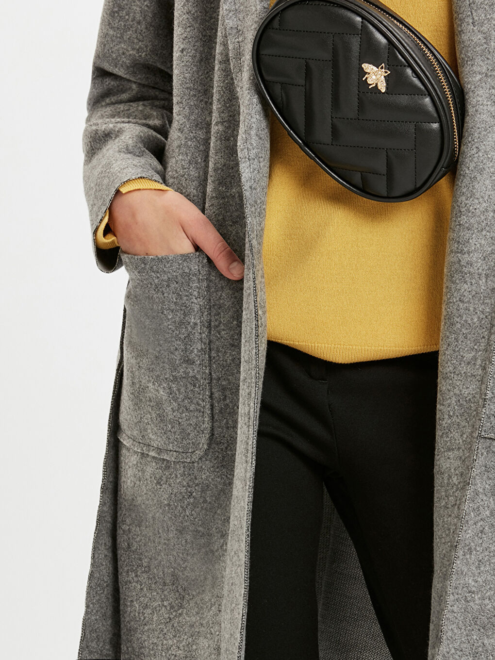 Gri Ceket Yaka Düz Uzun Kollu Kadın Kaban-3