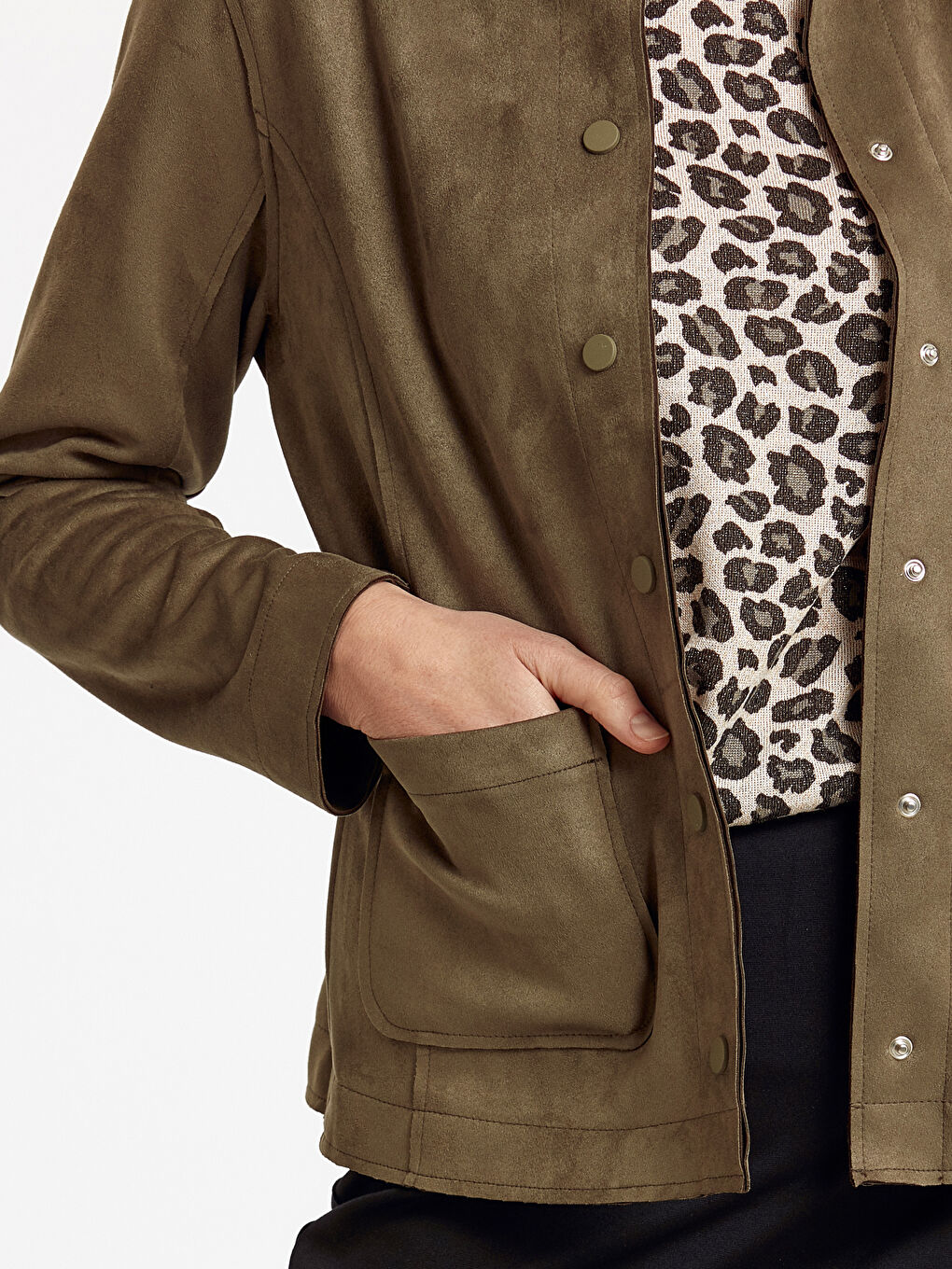 Haki Deri Görünümlü Mont-3