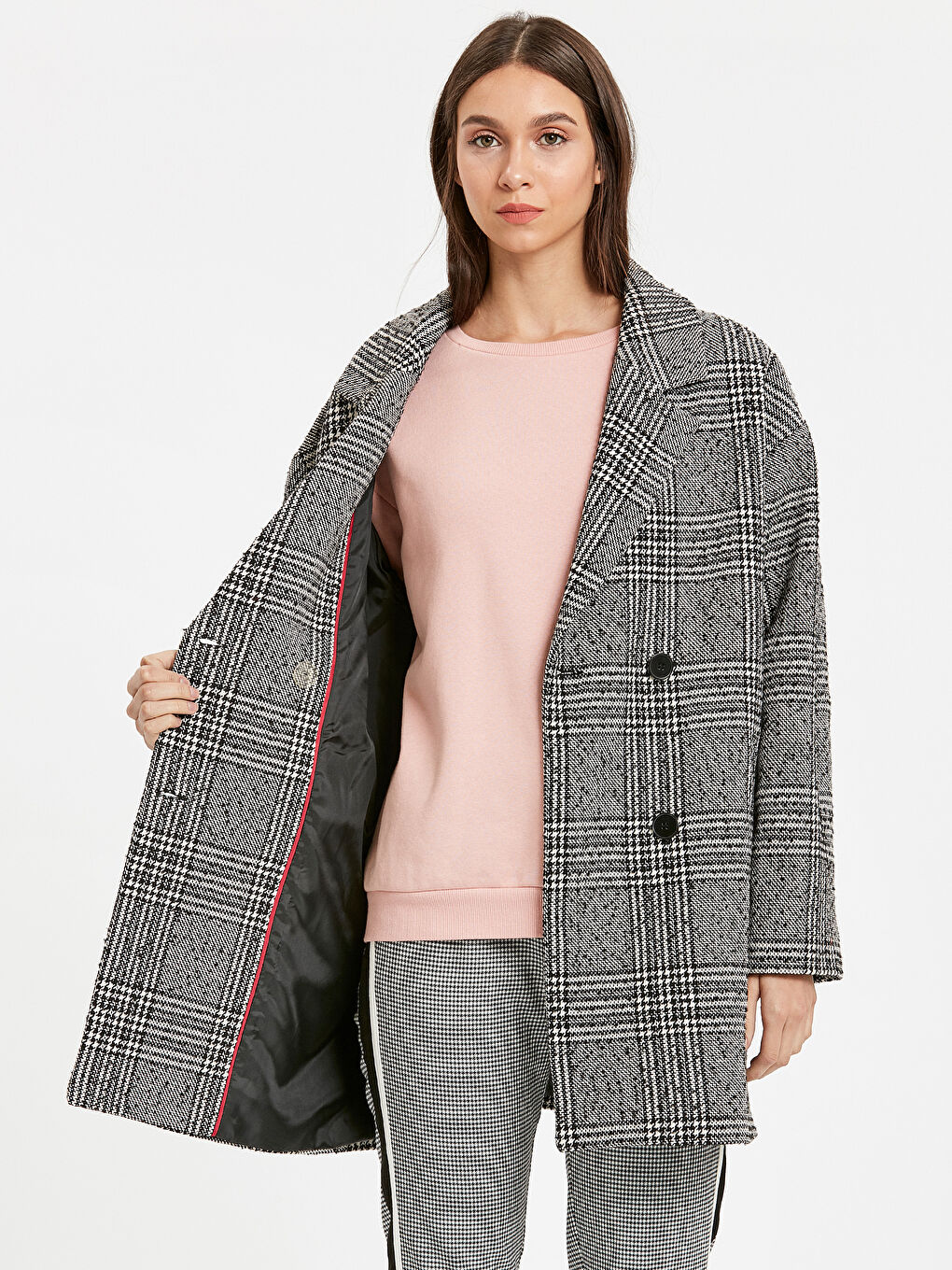 Manteau à Col Veste Femme à Carreaux-1